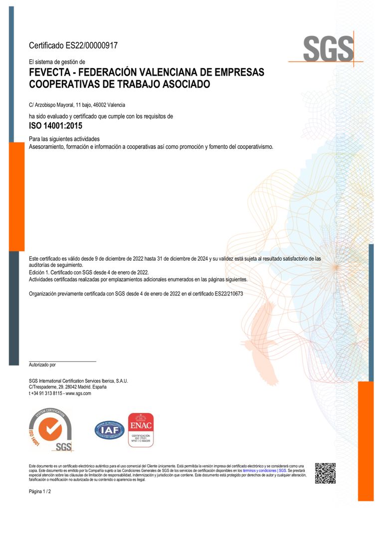 Certificat FEVECTA ISO 14001:2015